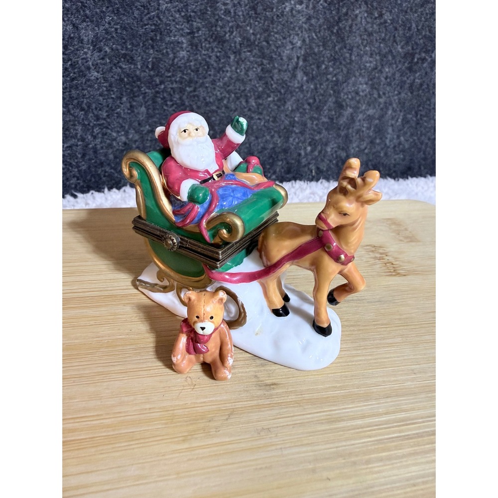 Midwest of Cannon Falls Santa Sleigh Reindeer Porcelain Hinged Trinket Box Bear